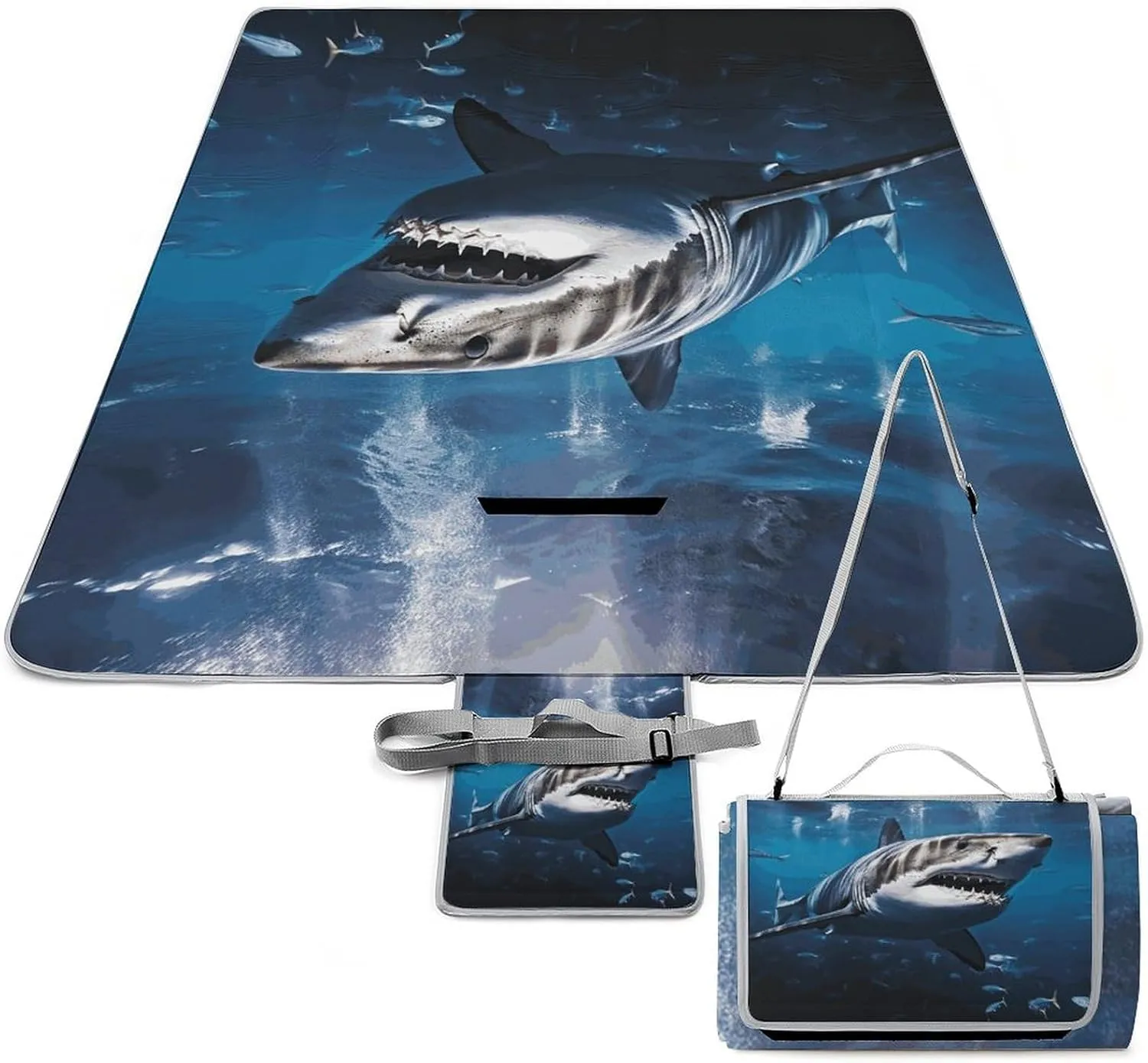 Great White Shark Picnic Blanket Outdoor, Oversized Beach Blanket, Foldable Lightweight Waterproof Sand Cushion Suitable for Beaches, Camping Grasslands Mat