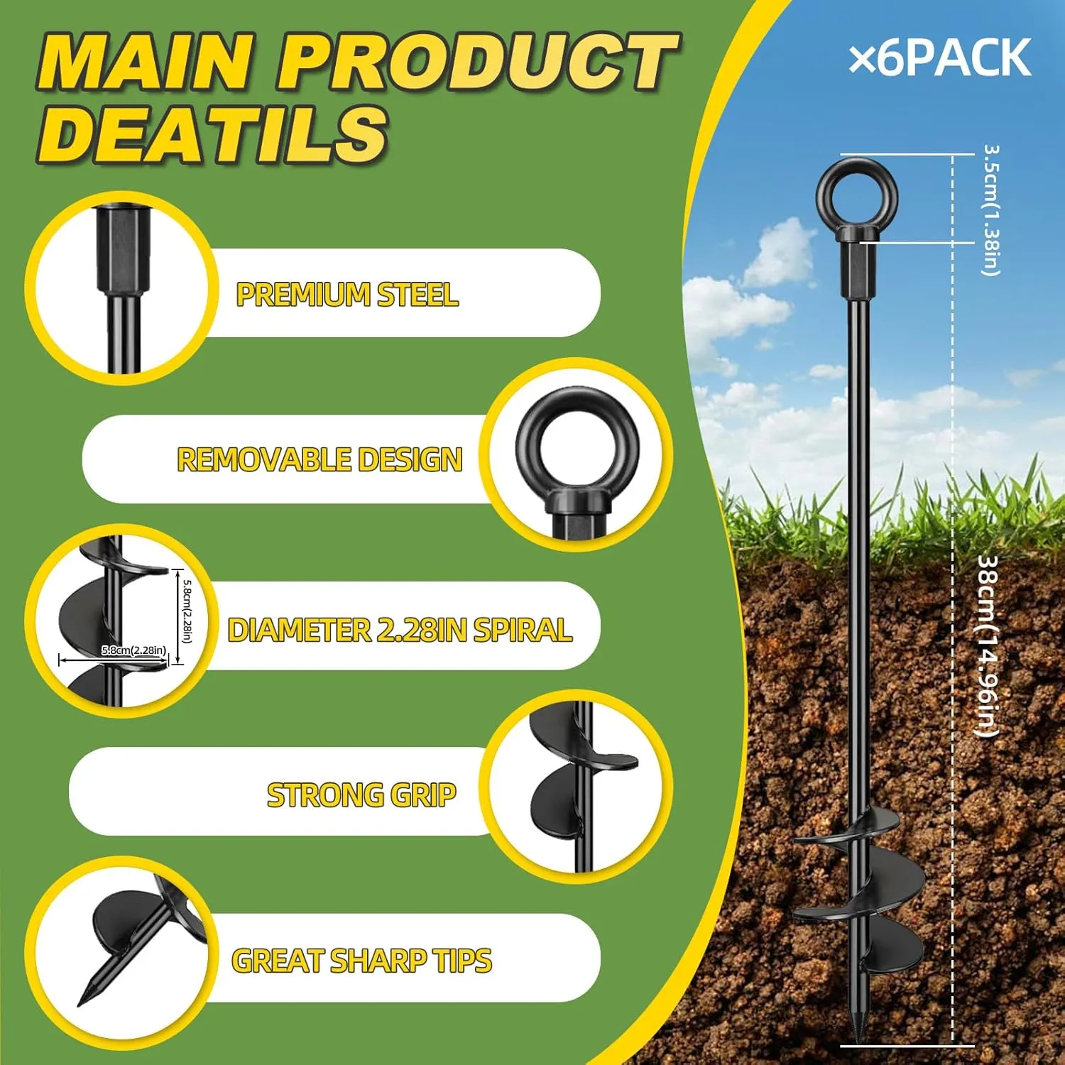 Ground Anchors Screw in, 6 Pack Spiral Trampoline Anchors with Nut and Tool Swing Set Anchors Tent Stakes High Wind Heavy Duty Earth Anchors for Sheds Canopies Carports Mobile Home