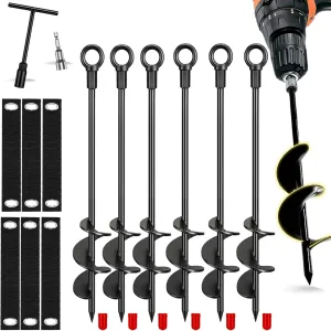 Ground Anchors Screw in, 6 Pack Spiral Trampoline Anchors with Nut and Tool Swing Set Anchors Tent Stakes High Wind Heavy Duty Earth Anchors for Sheds Canopies Carports Mobile Home