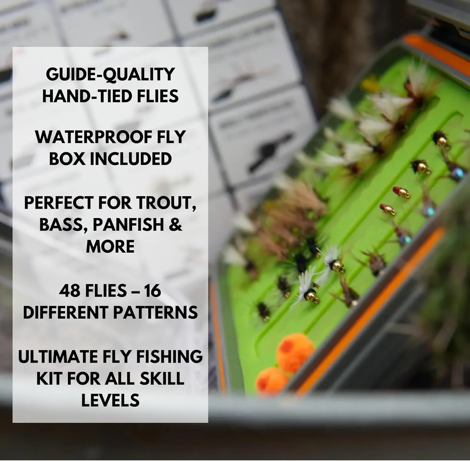Guide's Stash Fly Fishing Flies Kit – 48 Premium Hand-Tied Flies for Trout, Bass & Panfish | Fly Casting Secrets Mini Class Included | Essential Fly Fishing Gear