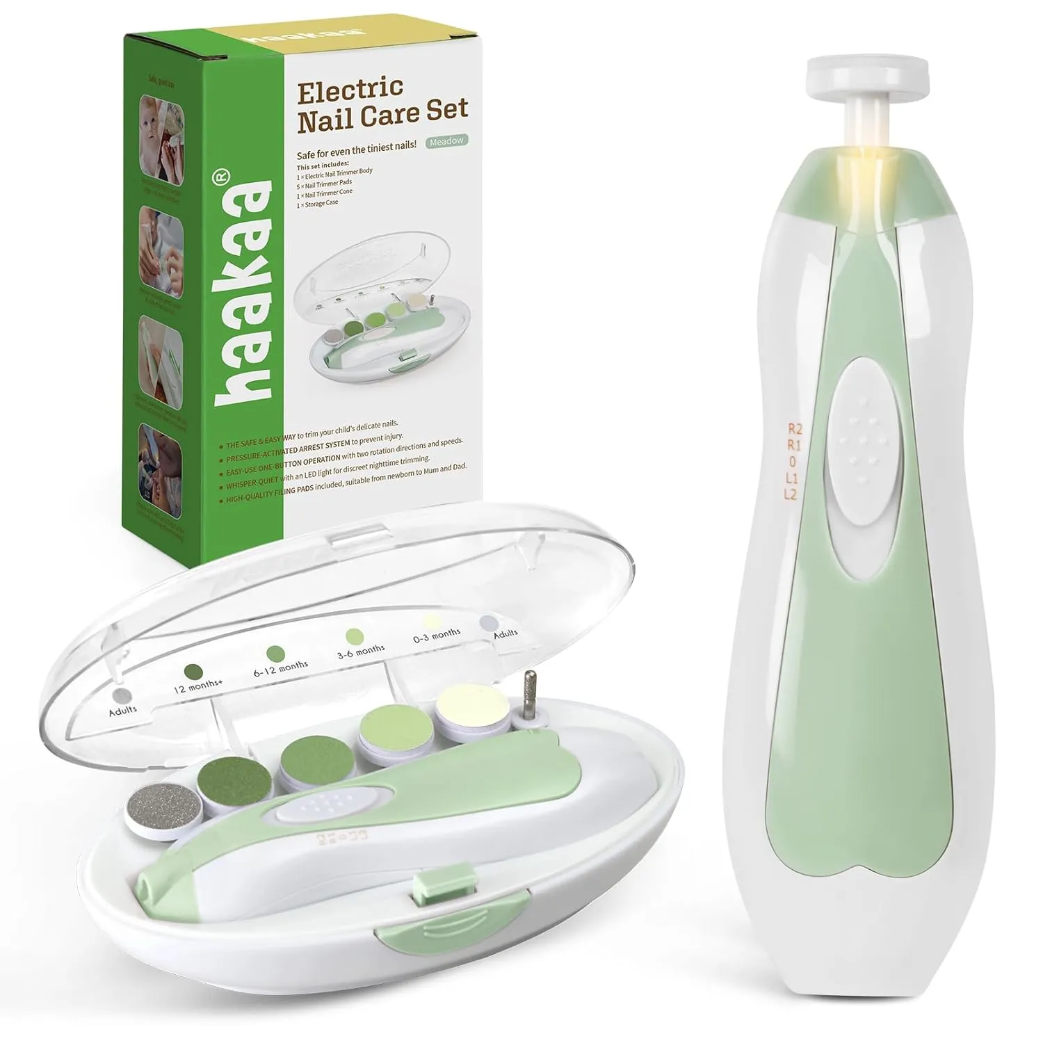 haakaa Baby Nail File Electric Baby Nail Care Set with LED Light, Baby Nail Clippers for Newborn/Infants/Adults Toenails and Fingernails, 6 Replacement Heads & Storage Case, Green