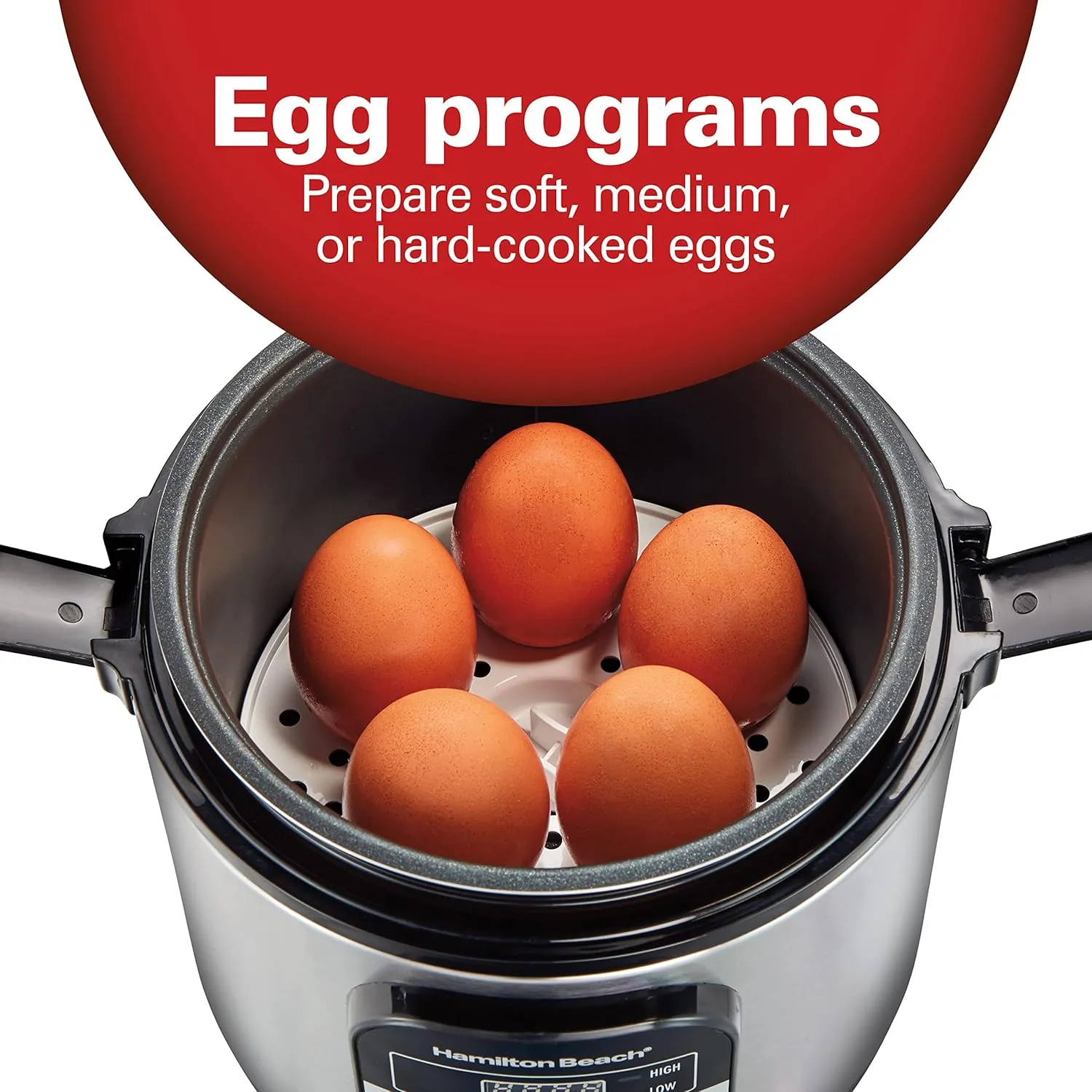 Hamilton Beach Digital Programmable Rice Cooker & Food Steamer, with Slow Hard-Boiled Egg Functions, Egg/Steam Tray, Small & Compact, 6 Cups Cooked (3 Uncooked), Stainless Steel (37524)
