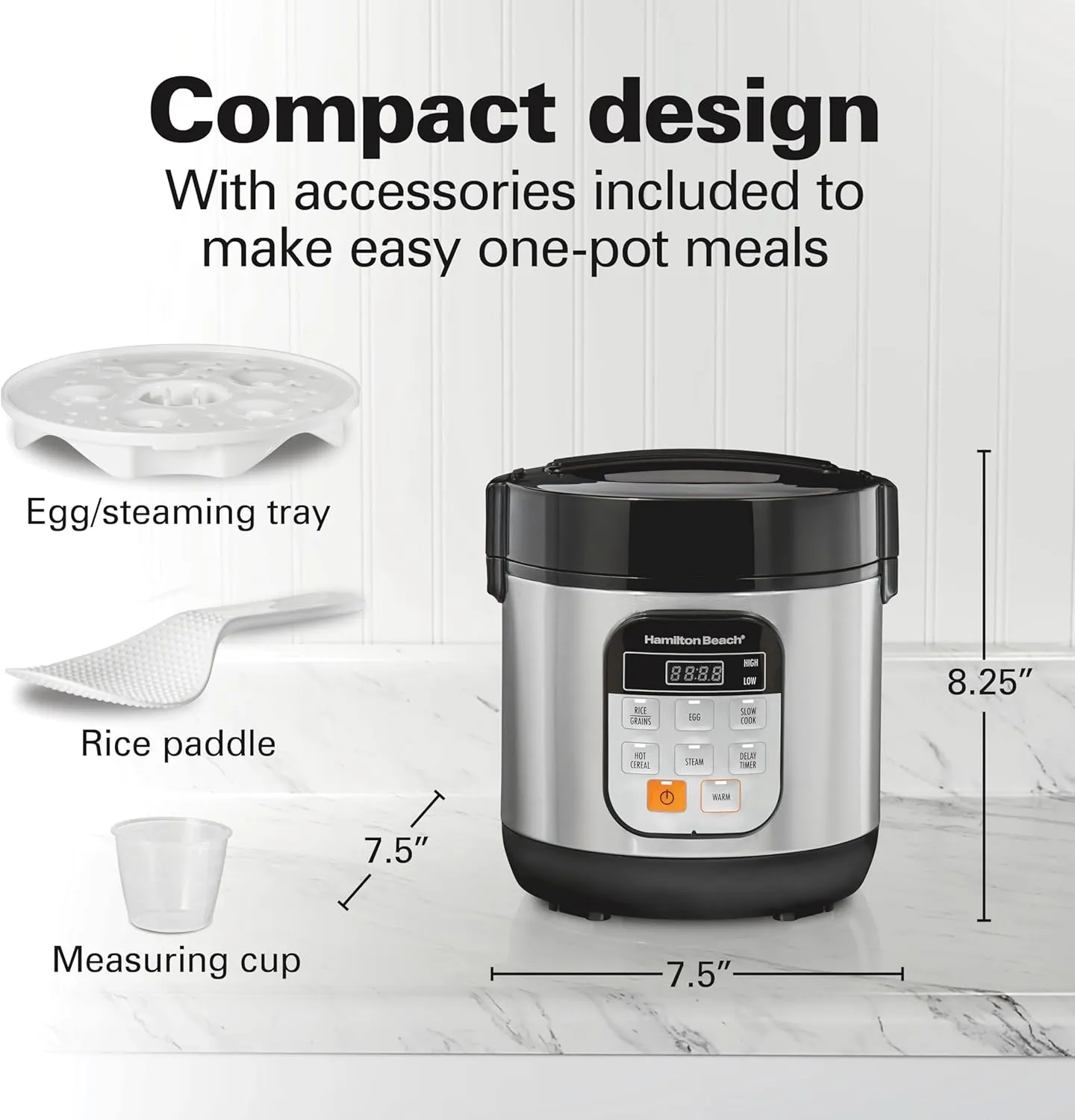 Hamilton Beach Digital Programmable Rice Cooker & Food Steamer, with Slow Hard-Boiled Egg Functions, Egg/Steam Tray, Small & Compact, 6 Cups Cooked (3 Uncooked), Stainless Steel (37524)