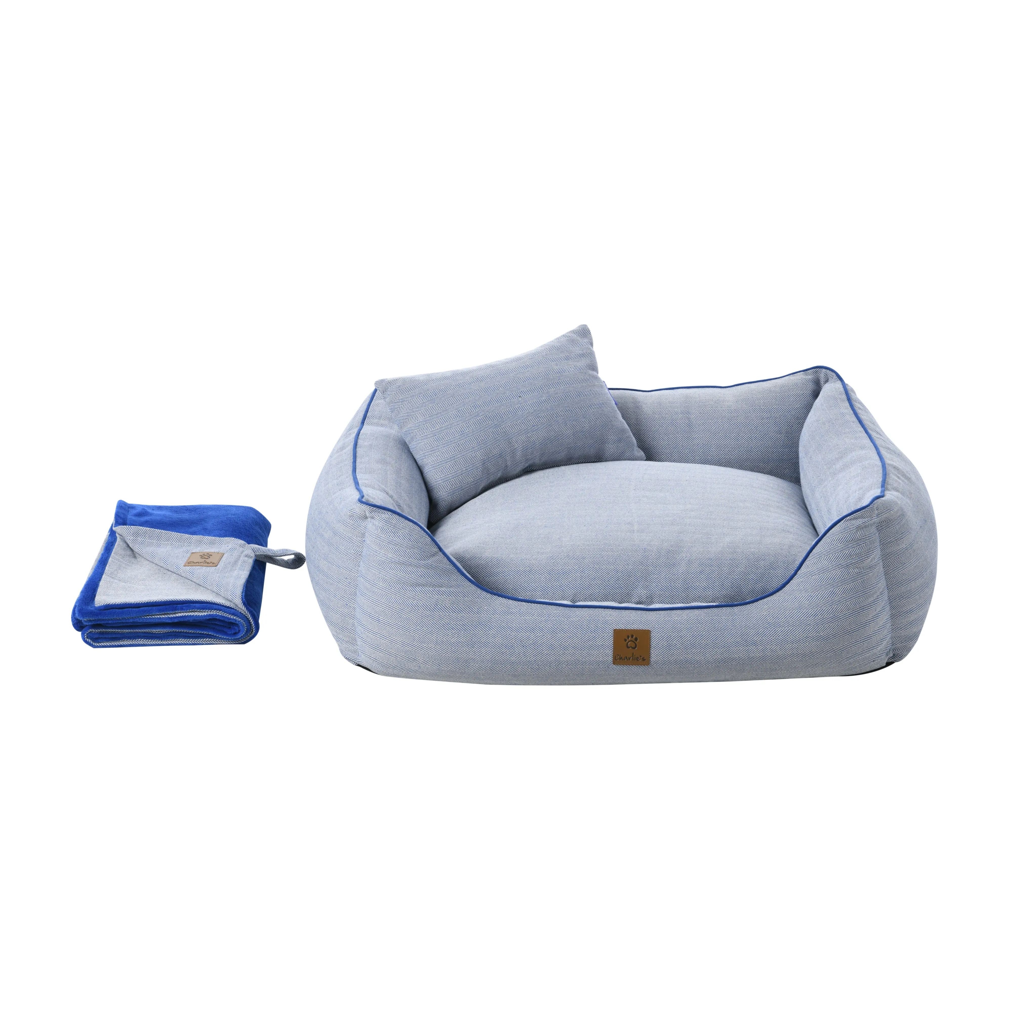 Hampton Herringbone Bed, Pillow & Blanket 3pc Set - Blue