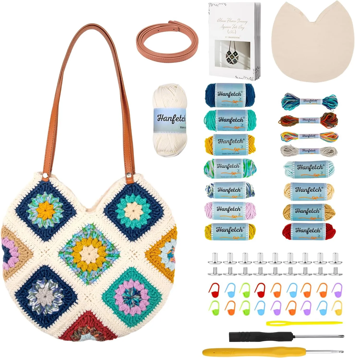 Hanfetch Crochet Kit for Advanced or Intermediate Beginner, Step by Step Video Tutorial and Detailed Guide Instruction DIY Craft Supplies for Adult and Kid with Complete Kit for Granny Square Tote Bag