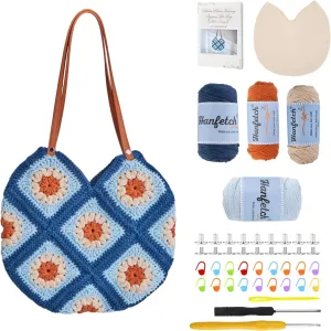 Hanfetch Crochet Kit for Advanced or Intermediate Beginner, Step by Step Video Tutorial and Detailed Guide Instruction DIY Craft Supplies for Adult and Kid with Complete Kit for Granny Square Tote Bag