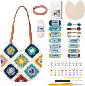 Hanfetch Crochet Kit for Advanced or Intermediate Beginner, Step by Step Video Tutorial and Detailed Guide Instruction DIY Craft Supplies for Adult and Kid with Complete Kit for Granny Square Tote Bag