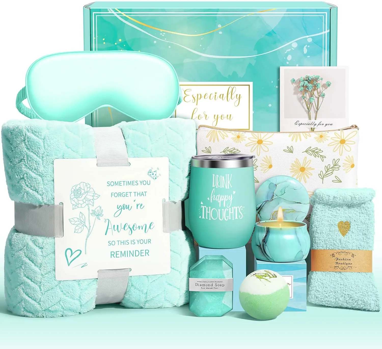 Happy Birthday Gifts for Women Self Care Gift, Relaxing Care Package Get Well Soon Spa Gift Basket with Luxury Blanket, Mothers Day, Brithday Gifts for Mom Her Friend Sister Wife