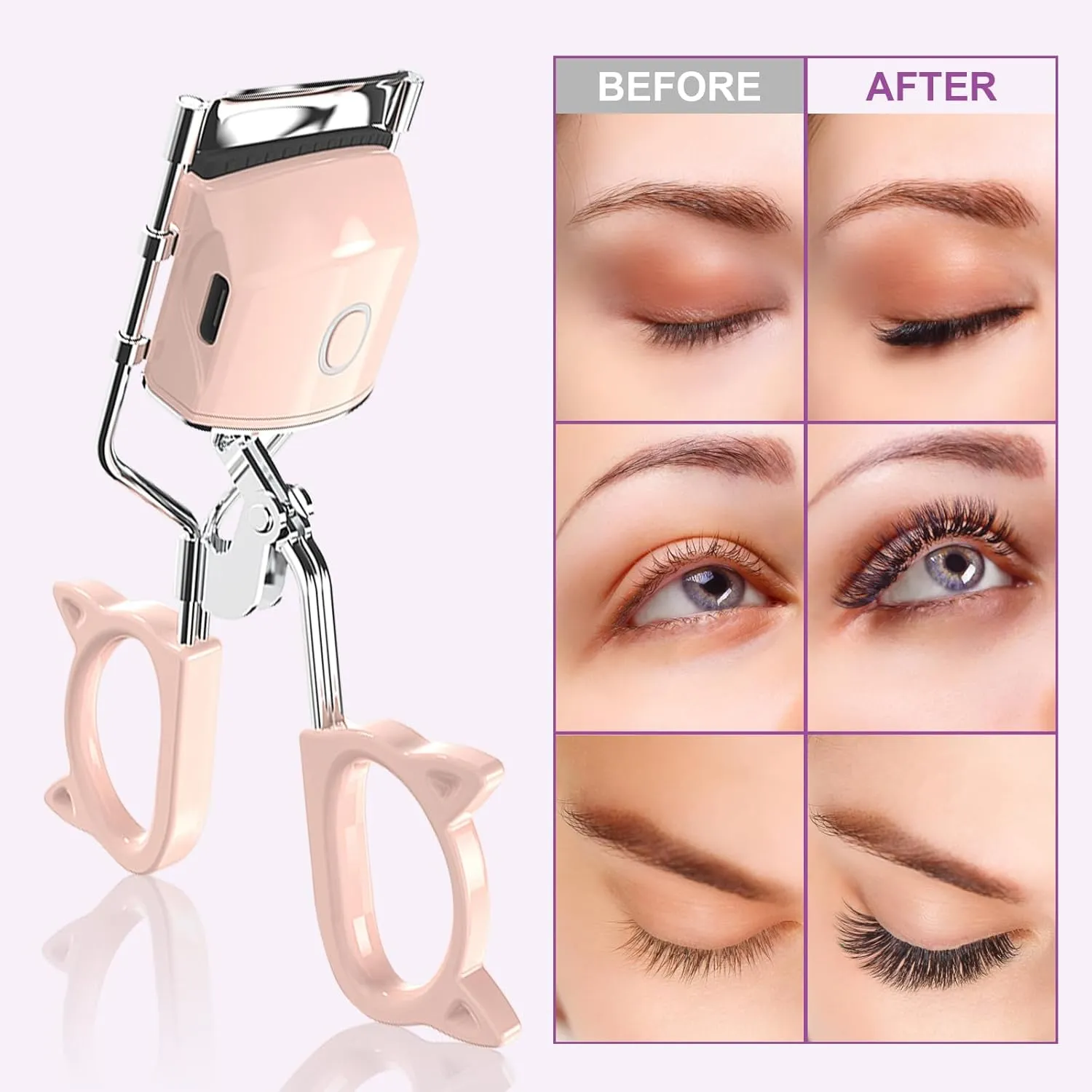 Heated Eyelash Curler, 2 Heating Modes Electric Eyelash Curler, Rechargeable Portable Fast Heating Eyelash Curler, Quick Natural Long Lasting Curling with Sensing Heating Silicone Pad (White)