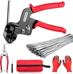 Heavy Duty 304 Stainless Steel Cable Tie Gun Kit–150PCS Metal Zip Ties (3 Sizes), Tensioning/Cutting Tool for Fencing, Chicken Coop, Cable Bundling, Exhaust Repair & Structural Reinforcement