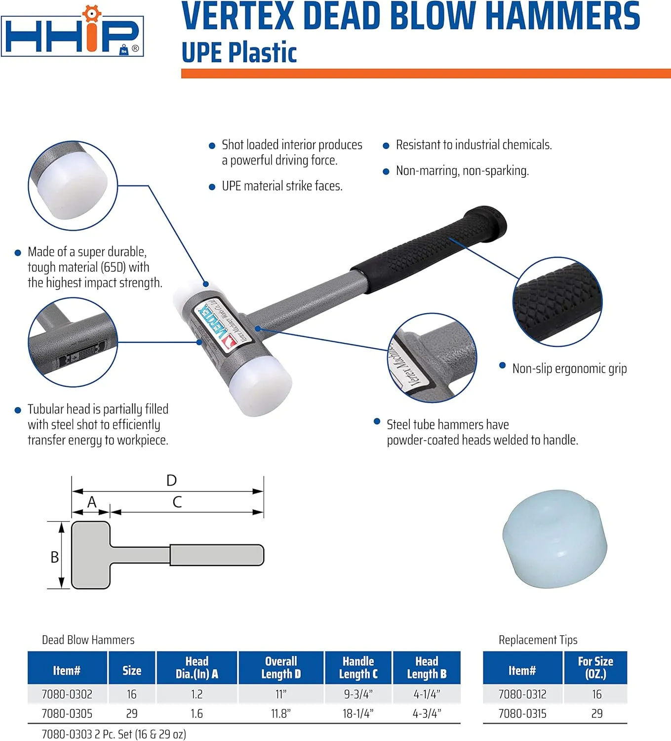 HHIP Pro Series 7080-0302 Vertex Dead Blow Hammer, Deadblow Mallet w/UPE Plastic Face, 1.2” Diameter Steel Shot Head, Non-Marring, 16 oz