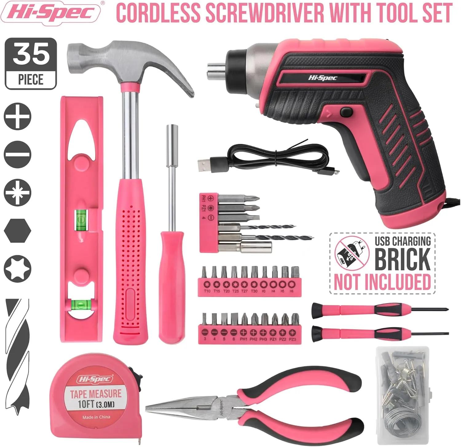 Hi-Spec 35pc Pink Tool Kit with 3.6V USB Electric Screwdriver and Drill Set. Complete Women Tool Set