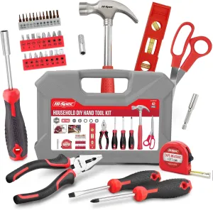 Hi-Spec 42pc Red Household DIY Small Tool Kit. Toolbox Set of Starter Basic Tools Kit for Home & Office