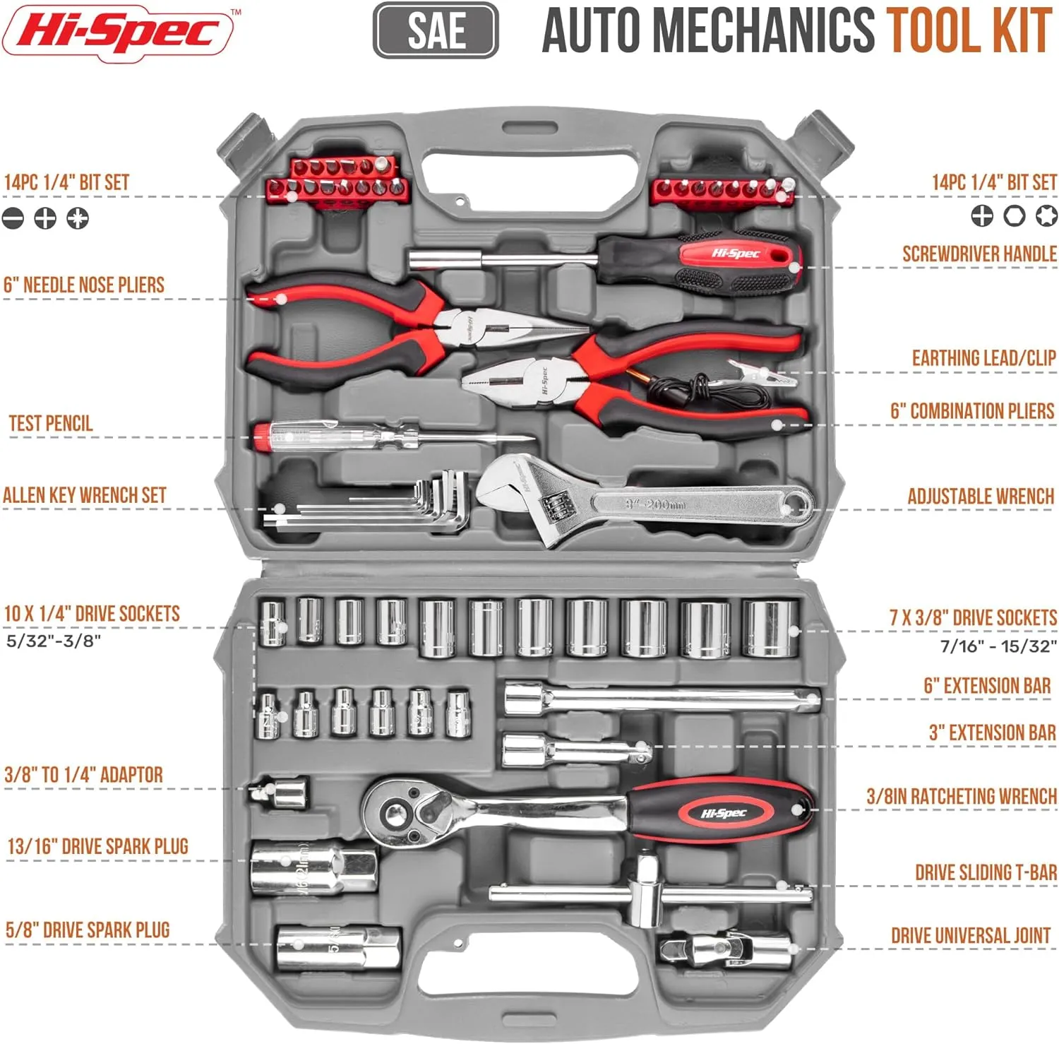 Hi-Spec Tools 67pc SAE Auto Mechanics Hand Tool Kit Set. Complete Car, Motorcycle, Engine & Garage Repairs with Sockets, Ratchet Wrench, Pliers & More