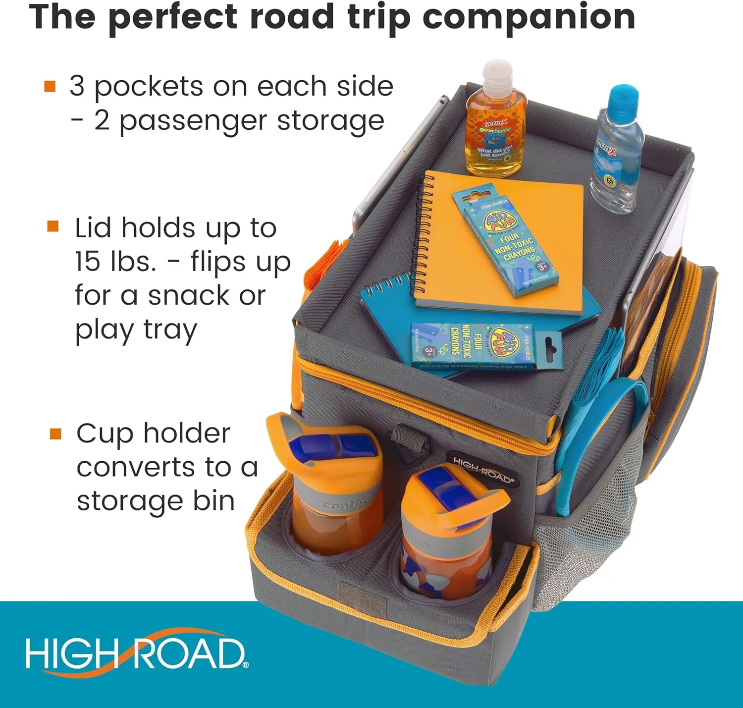 High Road CarHop Car Organizer With Cooler - Car Backseat Organizer or Passenger Seat Organizer with Cup Holder Bin and Eating or Play Tray (Gray, 8" Wx16 L)