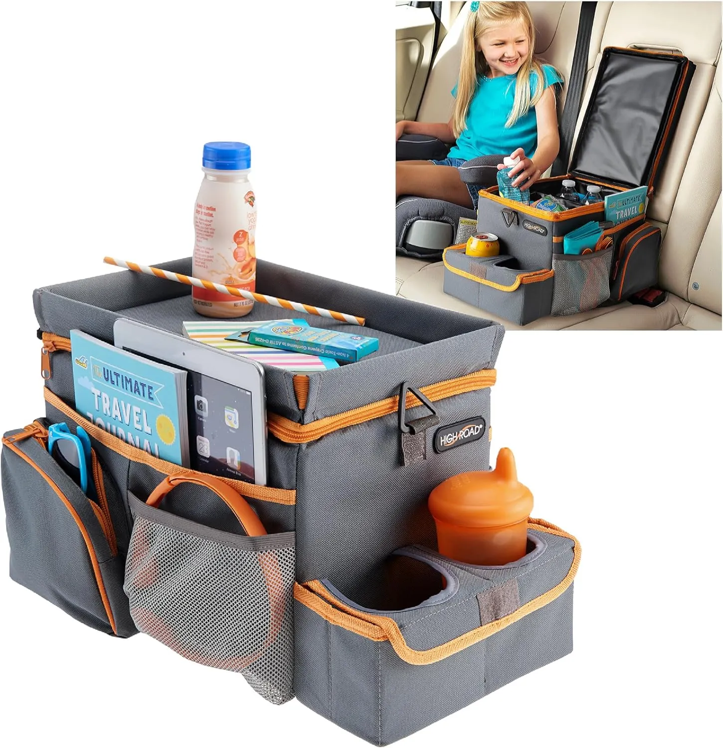 High Road CarHop Car Organizer With Cooler - Car Backseat Organizer or Passenger Seat Organizer with Cup Holder Bin and Eating or Play Tray (Gray, 8" Wx16 L)