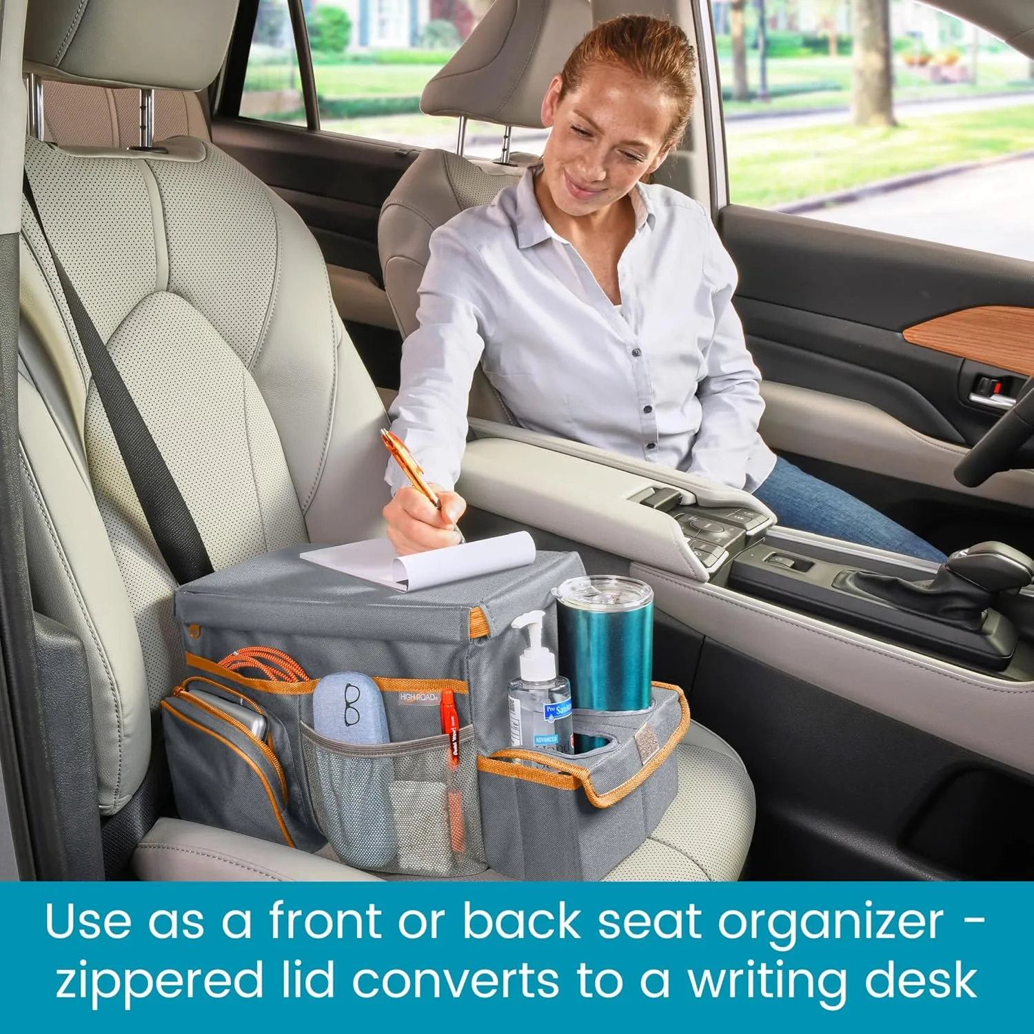 High Road CarHop Car Organizer With Cooler - Car Backseat Organizer or Passenger Seat Organizer with Cup Holder Bin and Eating or Play Tray (Gray, 8" Wx16 L)