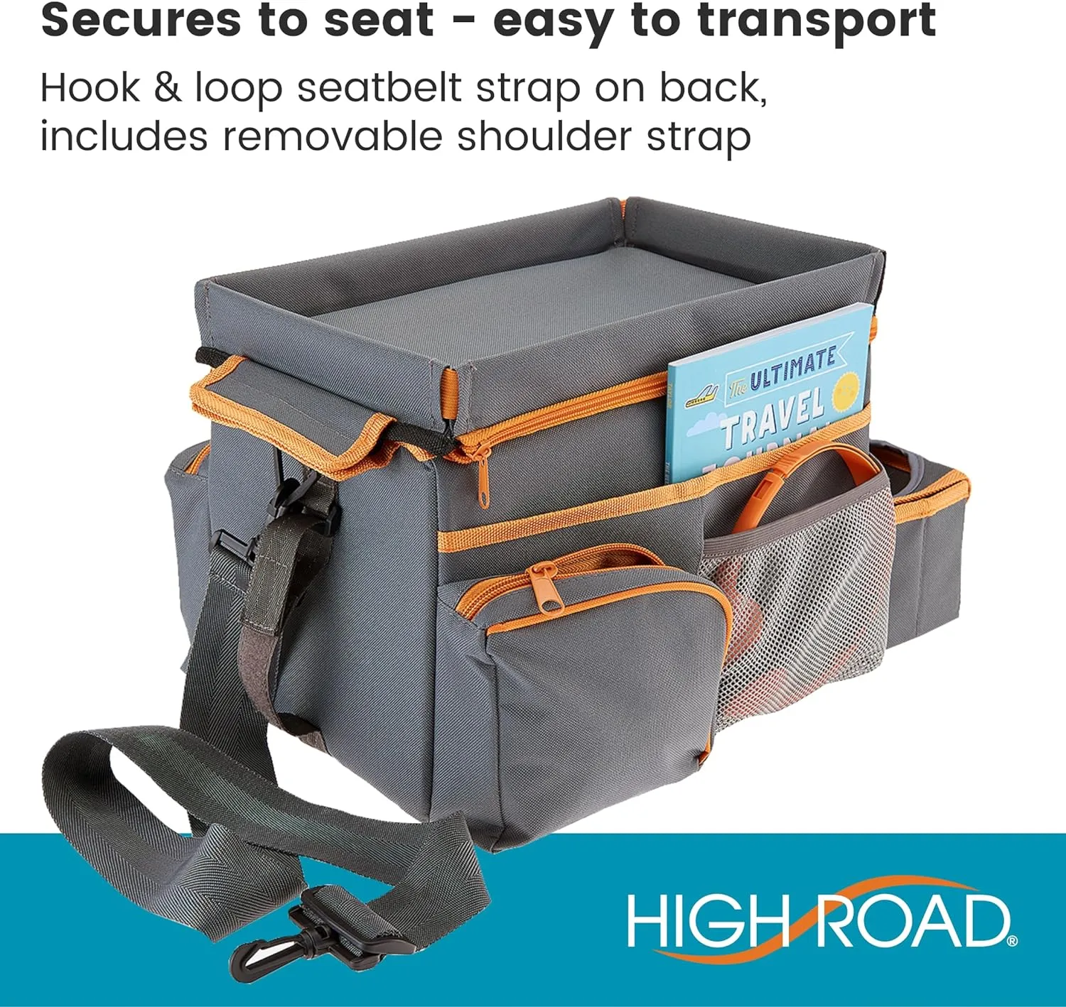 High Road CarHop Car Organizer With Cooler - Car Backseat Organizer or Passenger Seat Organizer with Cup Holder Bin and Eating or Play Tray (Gray, 8" Wx16 L)