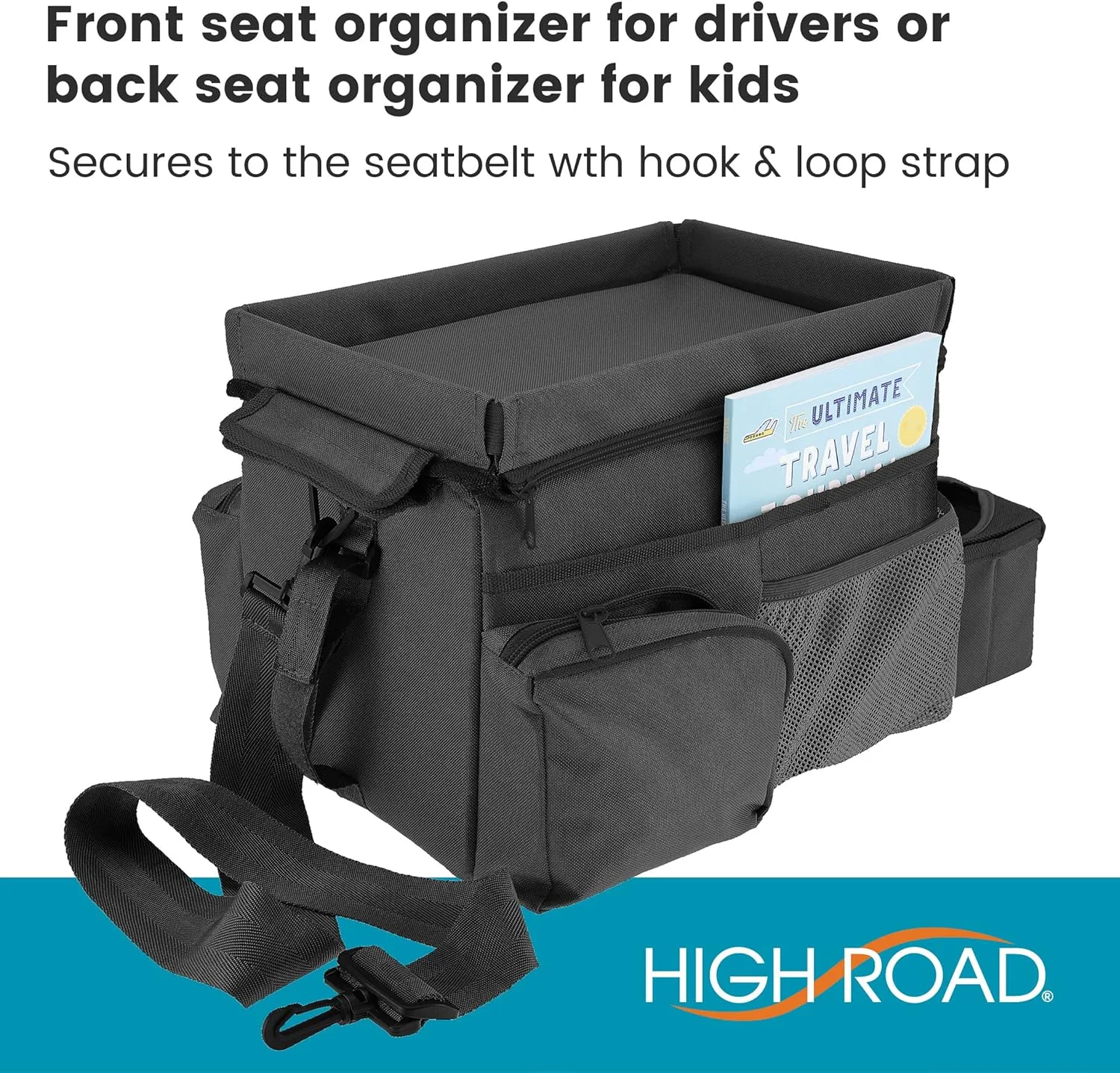 High Road CarHop Car Seat Organizer for the Front or Back Seat for Kids and Adults with Cup Holder Tray, Side Pockets and Cooler Compartment