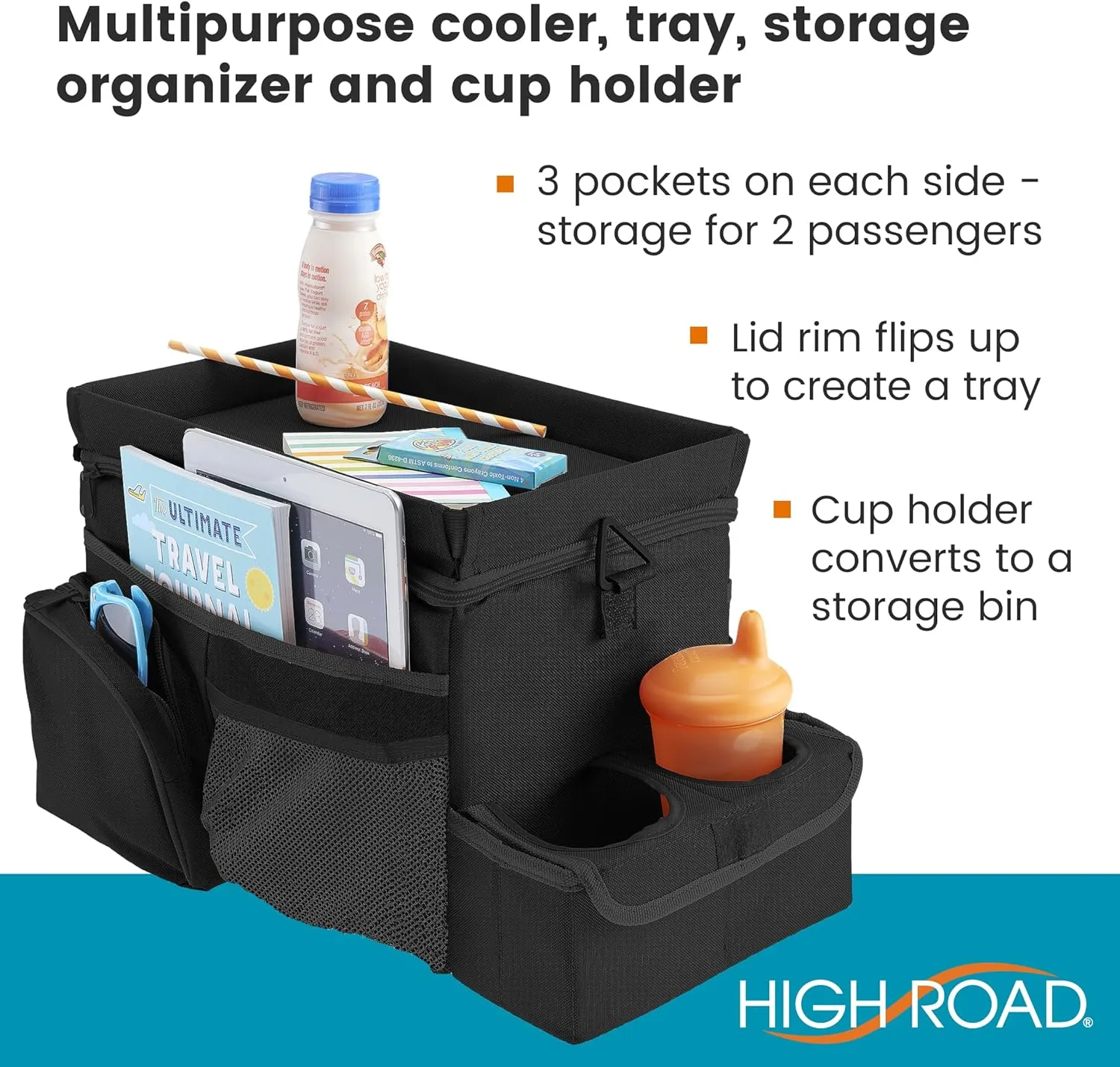 High Road CarHop Car Seat Organizer for the Front or Back Seat for Kids and Adults with Cup Holder Tray, Side Pockets and Cooler Compartment