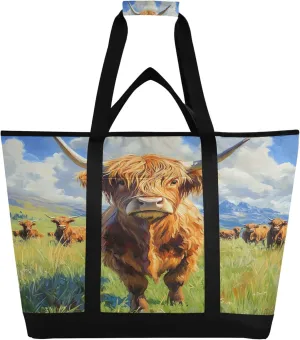 Highland Cow Reusable Insulated Cooler Bag with Ice Pack Compartment - Large 47L Waterproof Thermal Grocery Tote for Picnic Beach Camping Lunch Storage