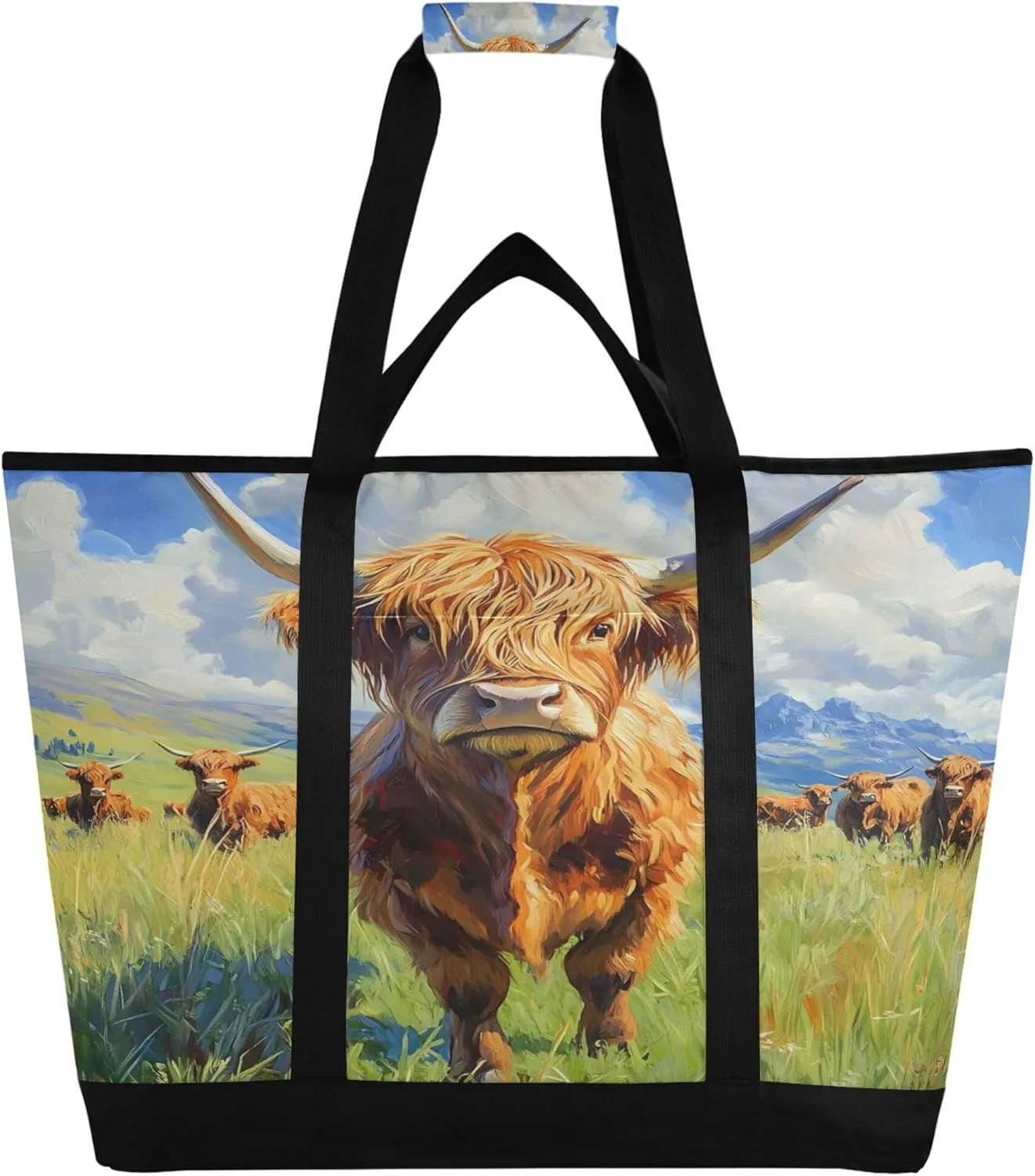 Highland Cow Reusable Insulated Cooler Bag with Ice Pack Compartment - Large 47L Waterproof Thermal Grocery Tote for Picnic Beach Camping Lunch Storage
