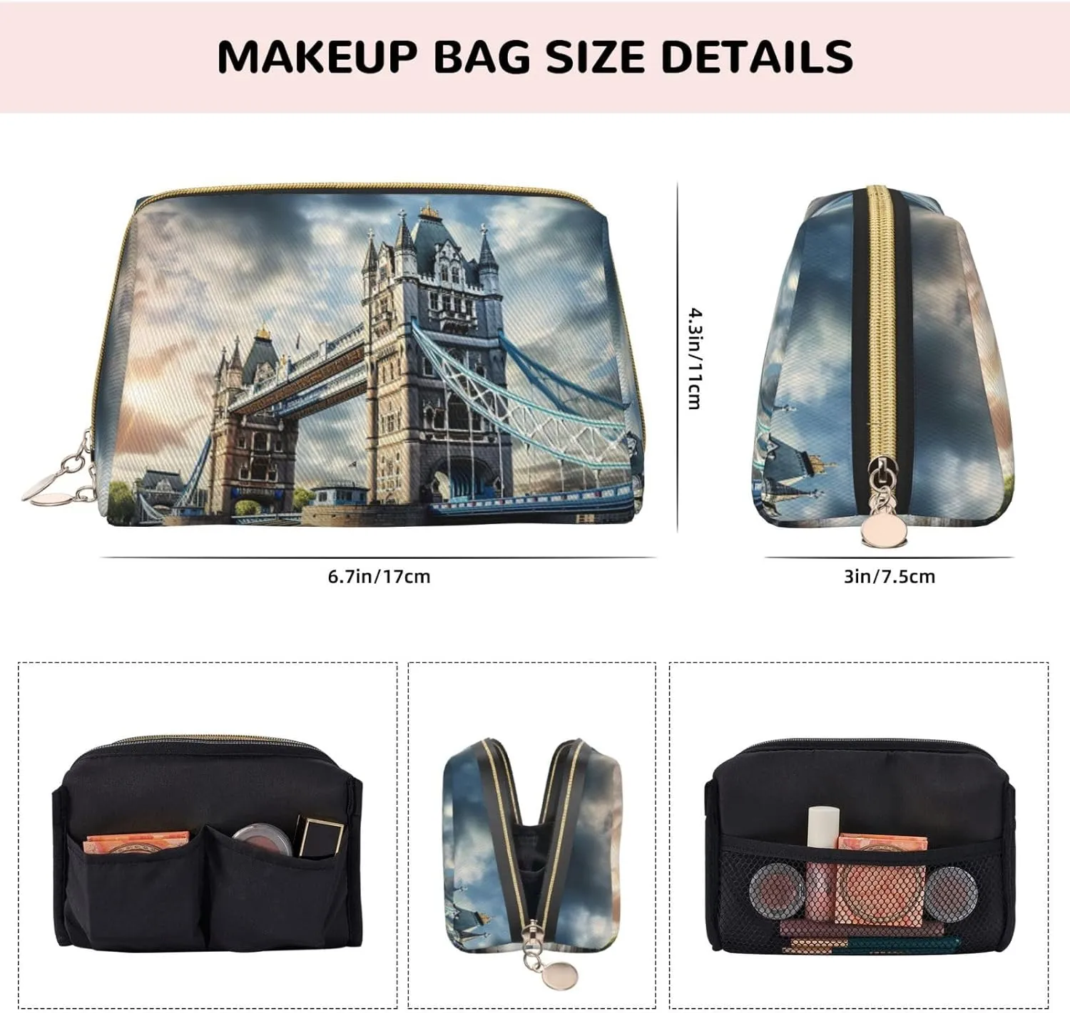 Historic Old Tower Bridge London Leather Toiletry Travel Bag, Compact Makeup Organizer For Women