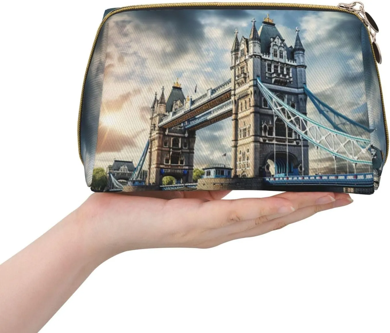 Historic Old Tower Bridge London Leather Toiletry Travel Bag, Compact Makeup Organizer For Women