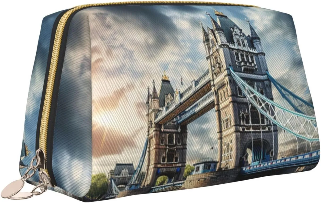 Historic Old Tower Bridge London Leather Toiletry Travel Bag, Compact Makeup Organizer For Women