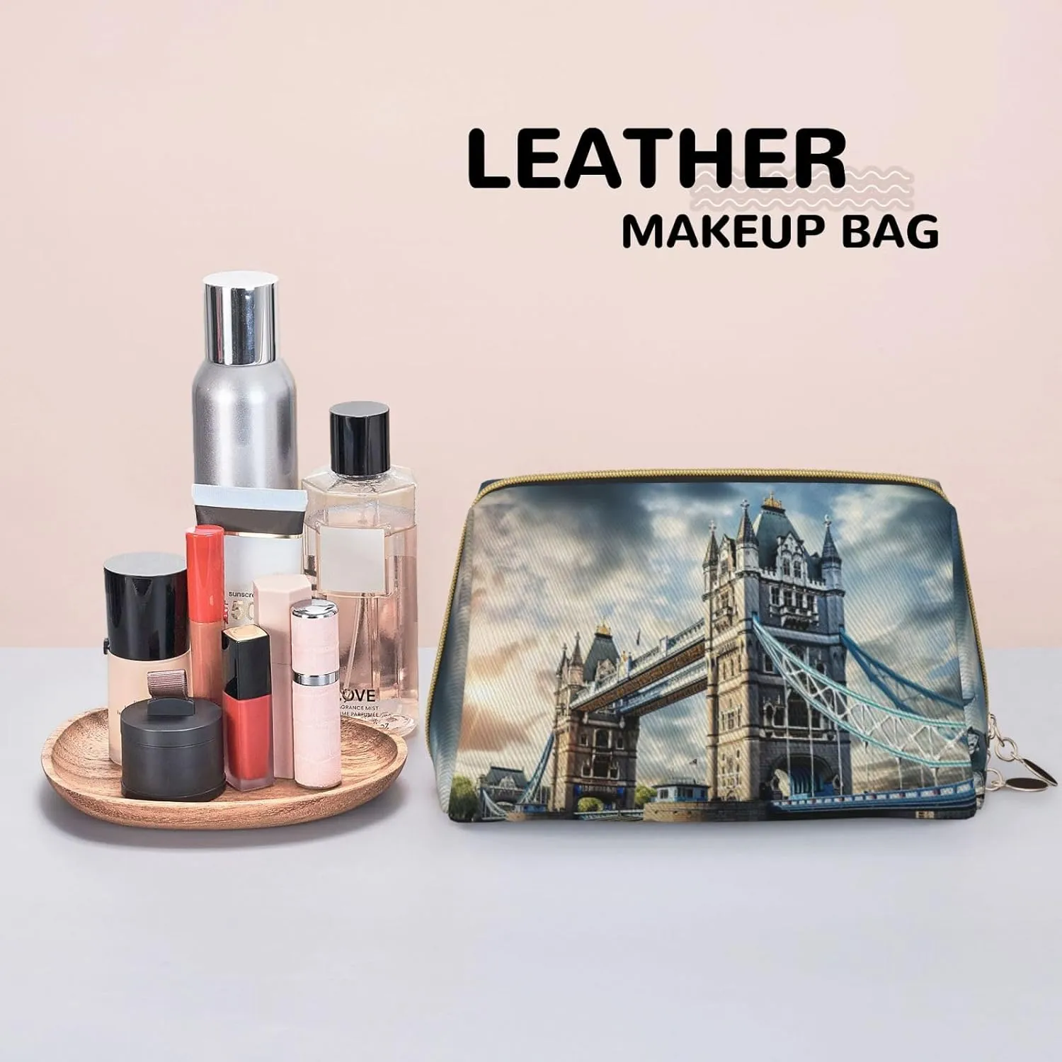 Historic Old Tower Bridge London Leather Toiletry Travel Bag, Compact Makeup Organizer For Women