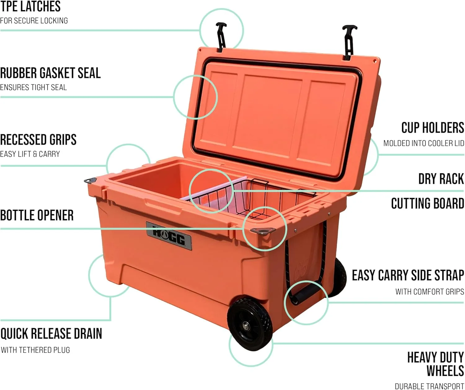 Hogg 65 qt Insulated Cooler with Wheels and Handles, Rolling Ice Chest with Wheels, Rotomolded Wheeled Coolers for Camping, Drinks, Outdoors, 65qt Blue