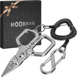 HOOK-EZE Titanium Fishing Pliers, 4.1" Saltwater Resistant Fishing Scissors,Tungsten Cutters, Knot Tying Tool with Lanyard, Split Ring Hook Remover, Gifts for Men