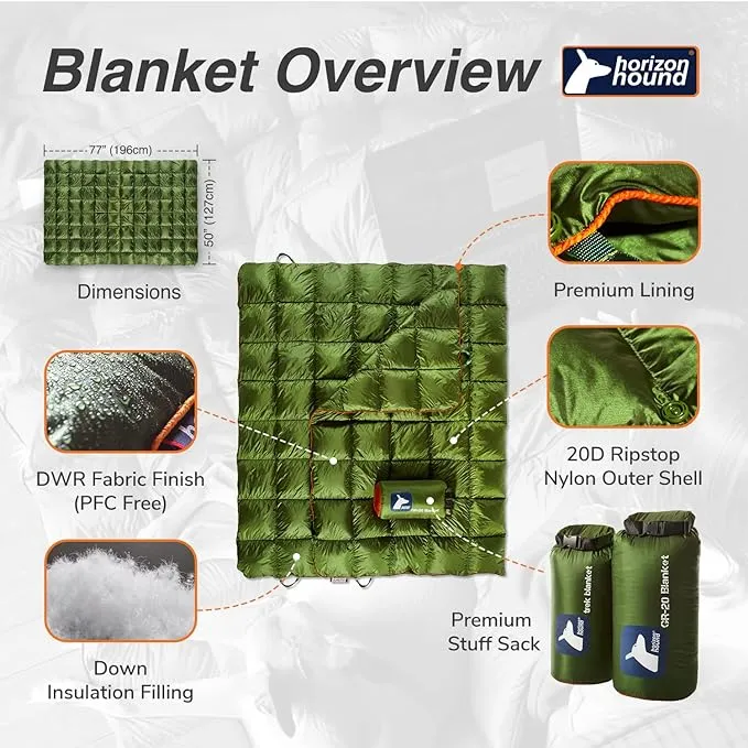 Horizon Hound Down Camping Blanket - Outdoor Travel Blanket | Sustainable Insulated Down | Lightweight & Warm Quilt for Camping, Stadium, Hiking & Festival | Water Resistant, Packable & Compact