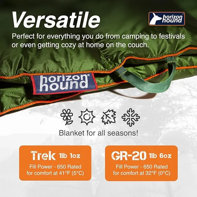 Horizon Hound Down Camping Blanket - Outdoor Travel Blanket | Sustainable Insulated Down | Lightweight & Warm Quilt for Camping, Stadium, Hiking & Festival | Water Resistant, Packable & Compact
