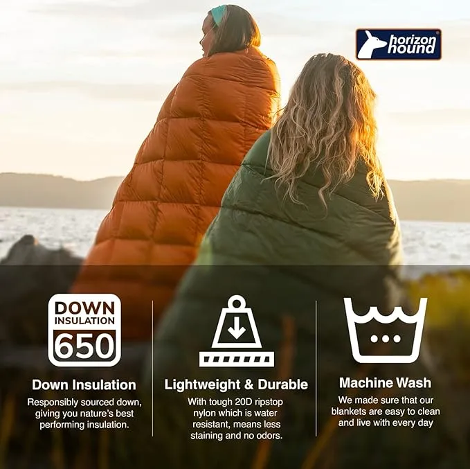 Horizon Hound Down Camping Blanket - Outdoor Travel Blanket | Sustainable Insulated Down | Lightweight & Warm Quilt for Camping, Stadium, Hiking & Festival | Water Resistant, Packable & Compact