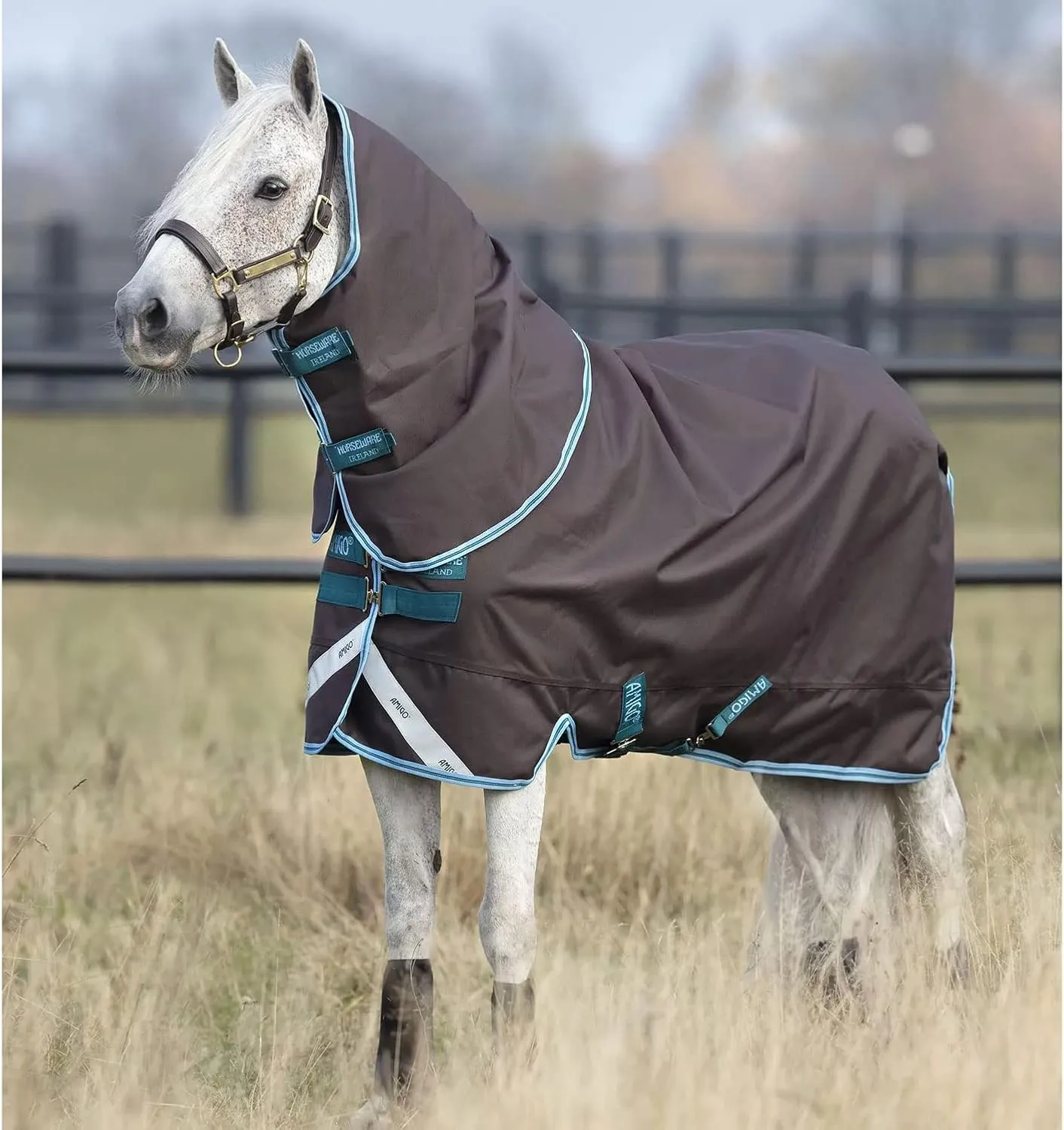 HORSEWARE Ireland Amigo Bravo 12 Plus Pony 0g Lite Waterproof Breathable Durable Turnout Blanket with Removable Hood, Excalibur/Aqua & Turquoise, 54