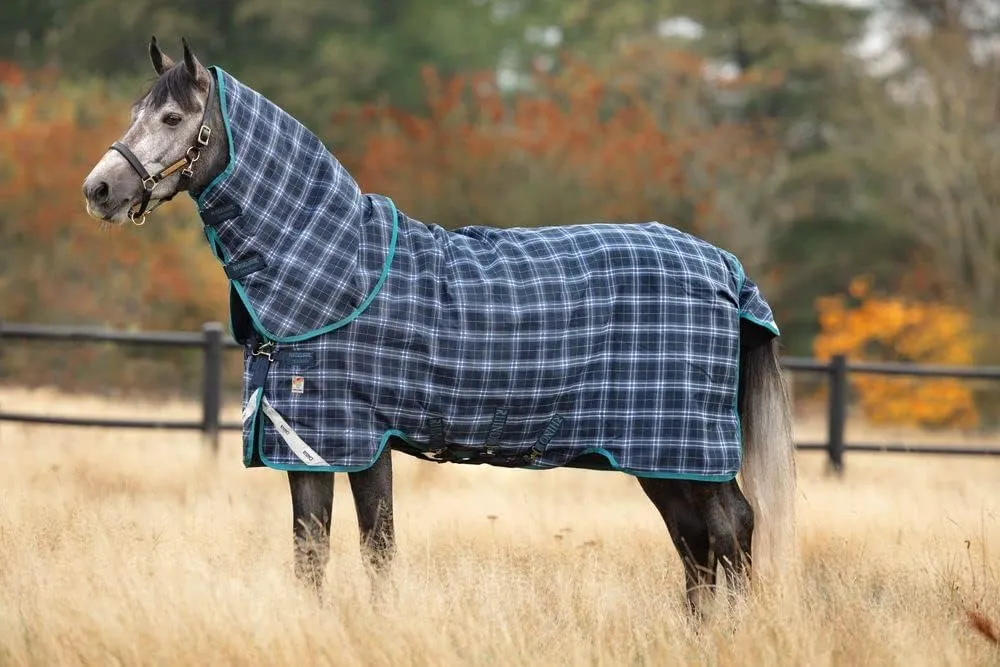 HORSEWARE Ireland Rhino Plus Medium Weight Waterproof Breathable Horse Turnout Blanket with Vari-Layer, 250G Fill, Navy Check/Teal, 84