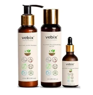 HR V.ebix Professional Ayurvedic Hair Care Set, Shampoo, Oil and Serum, 3-Piece Kit for Normal Hair