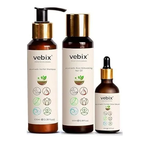 HR V.ebix Professional Ayurvedic Hair Care Set, Shampoo, Oil and Serum, 3-Piece Kit for Normal Hair