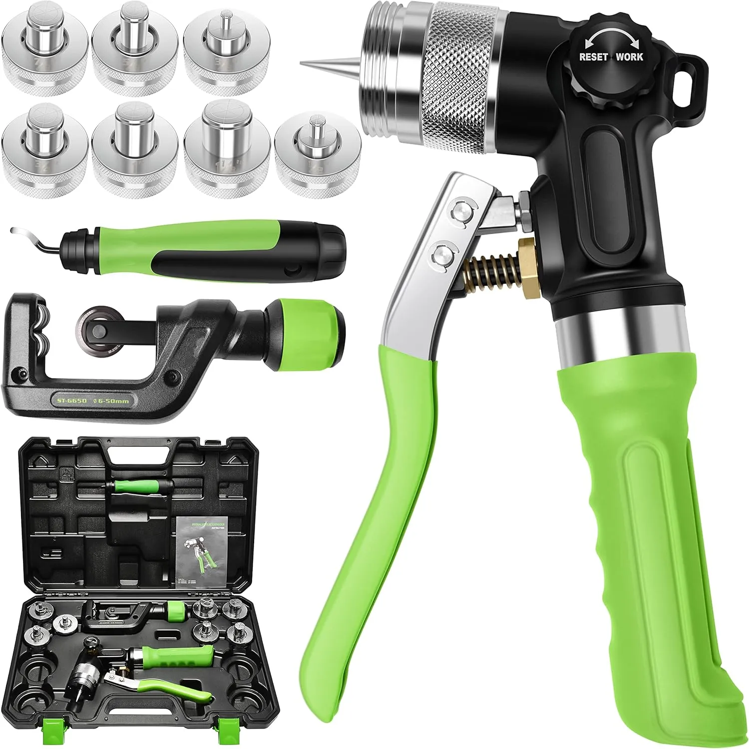 Hydraulic Tube Expander Compact Swaging Tool Kit with Tube Cutter, Deburring Tool and 7 Expander Heads for 3/8 to 1-1/8 Inches Copper Pipes