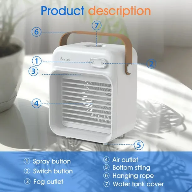 iFanze Portable Air Conditioner, Rechargeable Personal Cordless Air Cooler Quiet Desk Fan with 3 Speeds Small Air Conditioner Fan Mini Evaporative Cooler for Small Room Office Dorm and Outdoor (White)