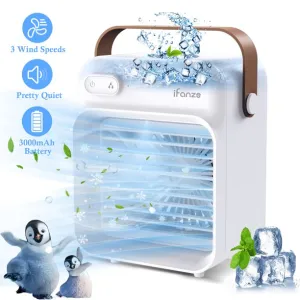 iFanze Portable Air Conditioner, Rechargeable Personal Cordless Air Cooler Quiet Desk Fan with 3 Speeds Small Air Conditioner Fan Mini Evaporative Cooler for Small Room Office Dorm and Outdoor (White)