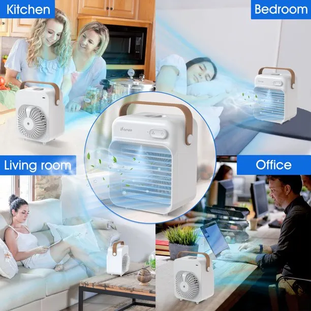 iFanze Portable Air Conditioner, Rechargeable Personal Cordless Air Cooler Quiet Desk Fan with 3 Speeds Small Air Conditioner Fan Mini Evaporative Cooler for Small Room Office Dorm and Outdoor (White)