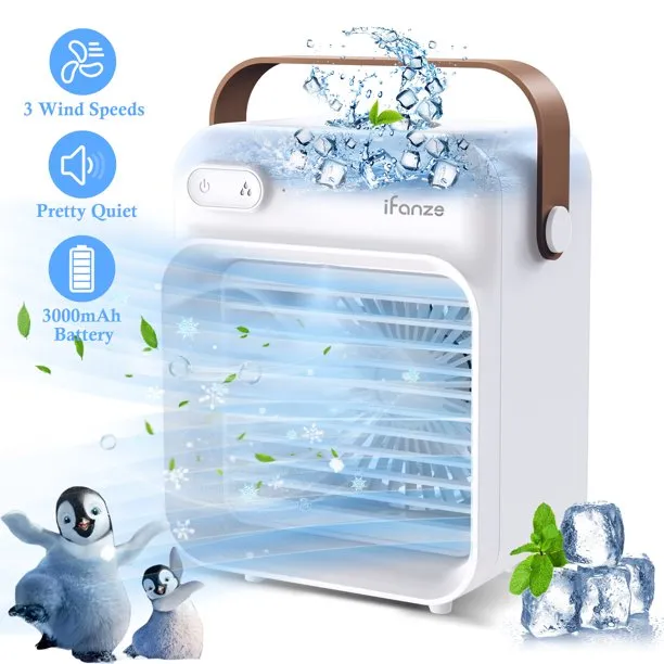 iFanze Portable Air Conditioner, Rechargeable Personal Cordless Air Cooler Quiet Desk Fan with 3 Speeds Small Air Conditioner Fan Mini Evaporative Cooler for Small Room Office Dorm and Outdoor (White)