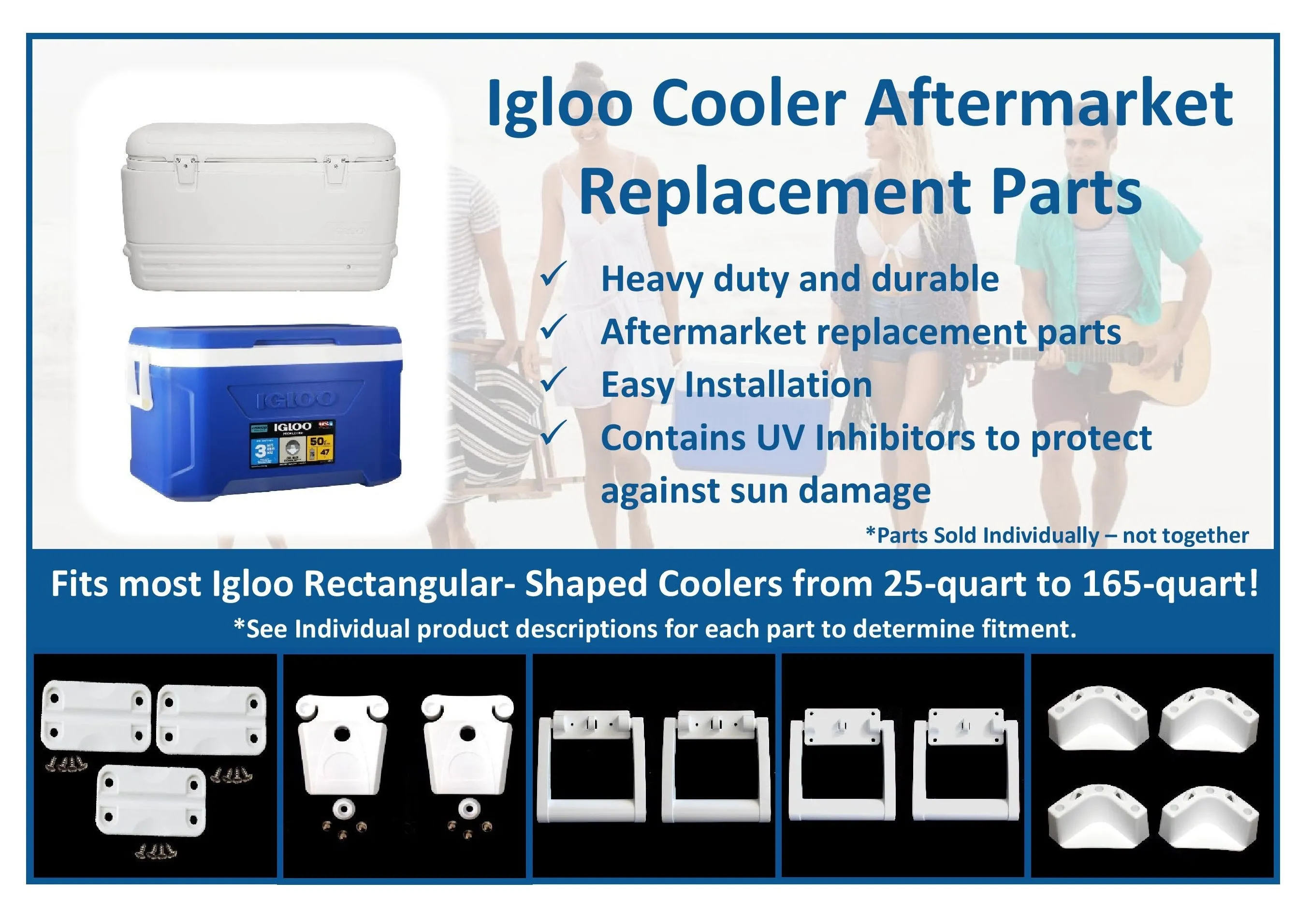 Igloo Cooler Aftermarket Plastic Replacement Parts - Hinges, Latches, 2 or 4 Hole Handles