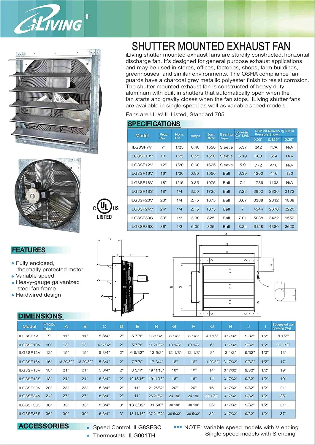 iLiving ILG8SF10V - 10" Wall Mounted Exhaust Fan - Automatic Shutter - Variable Speed - Vent Fan For Home Attic, Shed, or Garage Ventilation, 820 CFM, 1200 SQF Coverage Area (Power Cord Not Included)