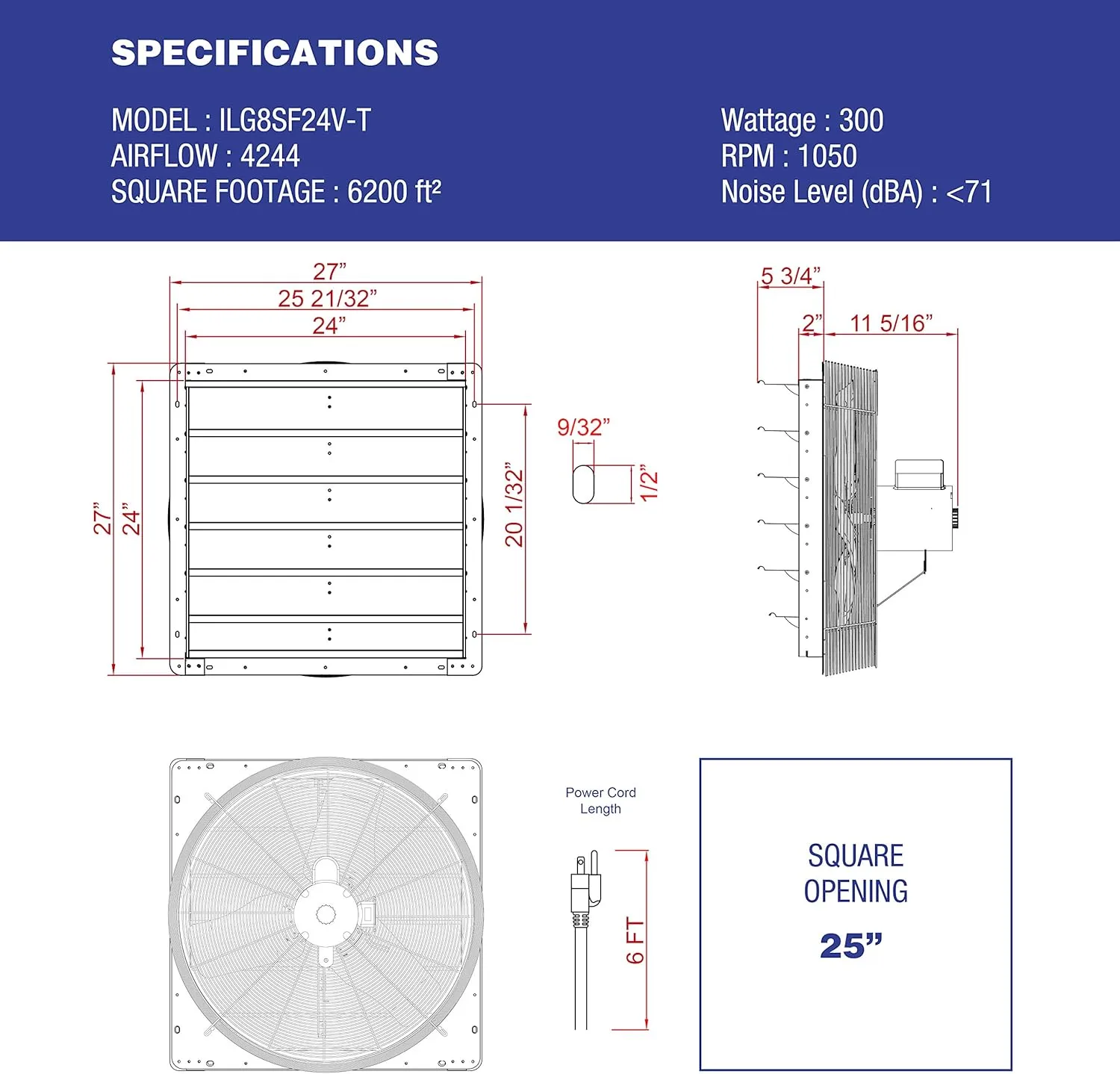 iLIVING ILG8SF24V-T 24 inch Shutter Exhaust Attic Garage Grow, Ventilation Fan with 2 Speed Thermostat 6 Foot Long 3 Plugs Cord, 24" - Variable, Silver
