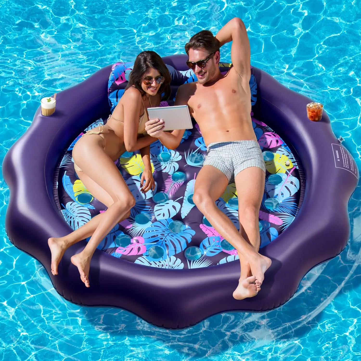 Inflatable Pool Floats Adult Size - 77" X-Large Heavy Duty Tanning Floating Mat Cooling Raft Lounger with Headrest, Pool Floaties Bed with Cup Holders for Backyard Swimming Pool Party