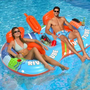 Inflatable River Tube Float, 2 Person Heavy Duty River Pool Floats Adults with 2 Cup Holders Premium Lake Water Tubes for Floating, Outdoor River Raft Sport Fun
