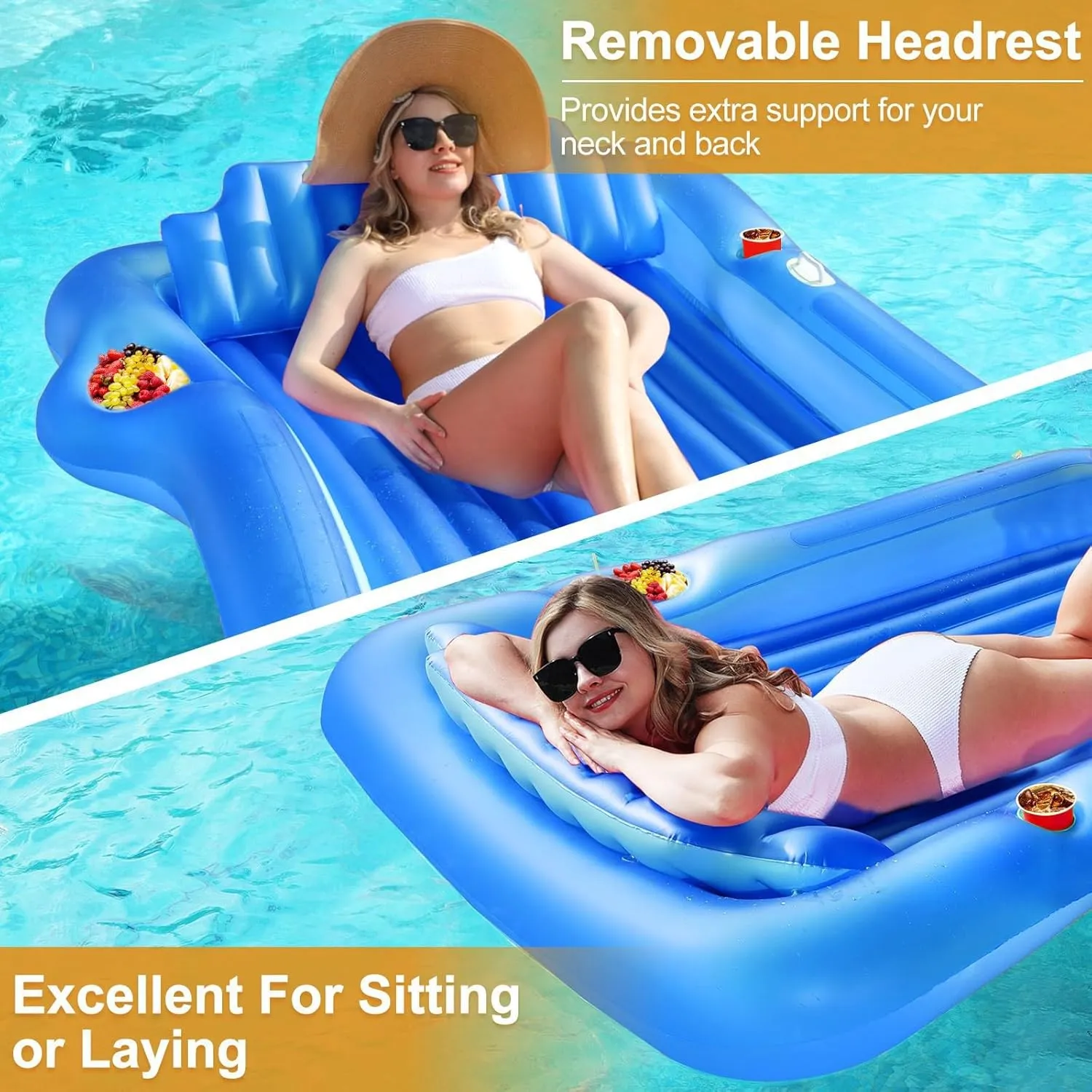 Inflatable Tanning Pool Lounger Float with Sprinkler, 71" x 47" Large Pool Floats Adult with Pillow Cooler Tray, 6 in 1 Suntan Tub Raft Floatie Sunbathing Bed Water Summer Backyard Fun L-Blue